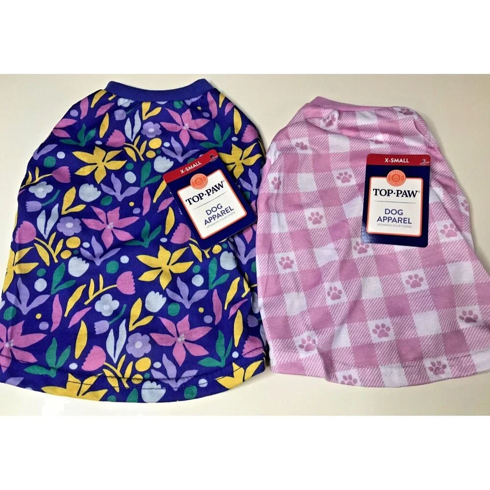 New Dog Clothing Lot 2 Pieces Shirts Floral Pink Plaid Outfits Puppy Extra Small